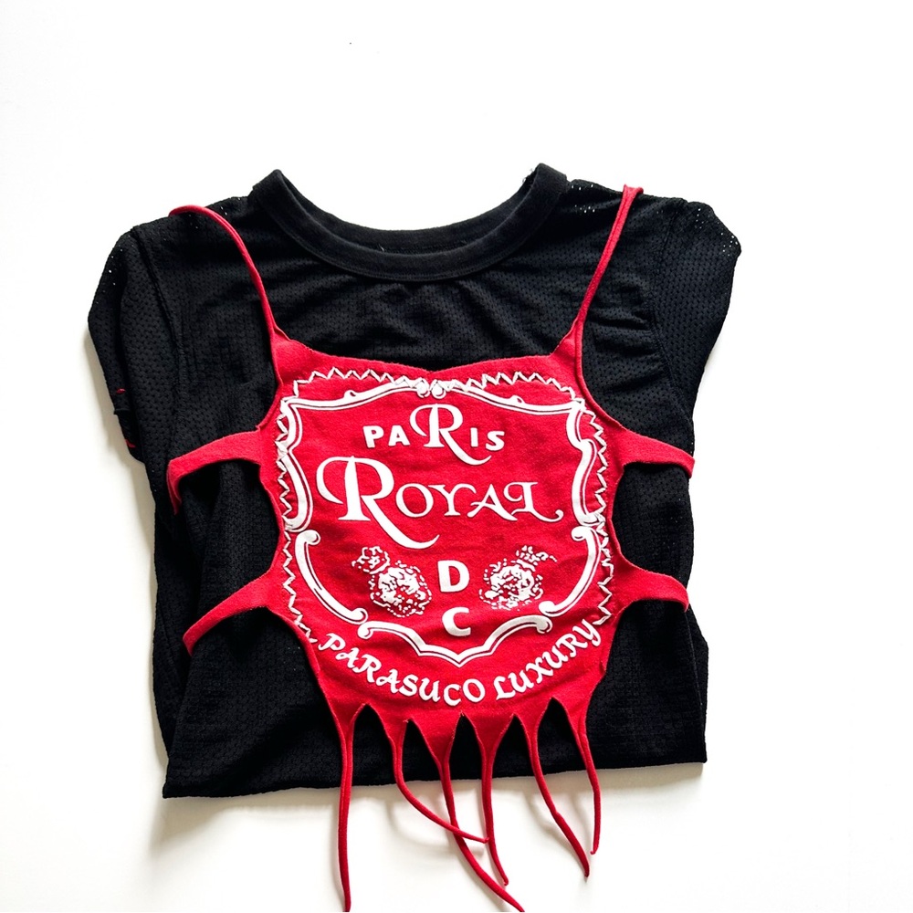 Rare Vintage Parasuco Black Net T-Shirt with Logo Wax Seal Emblem Classic Y2K S